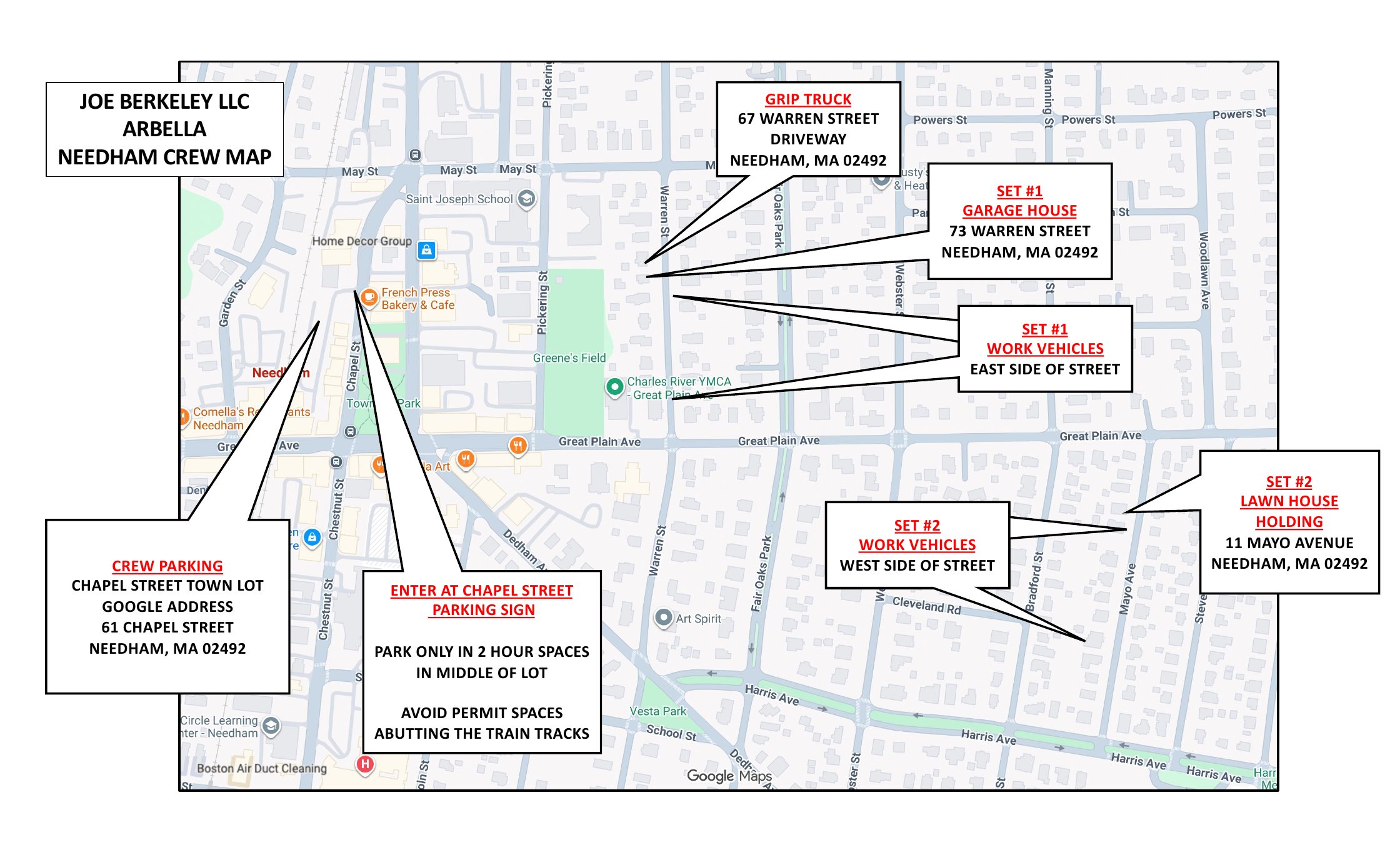 Needham crew map showing crew parking at the Chapel Street Town Lot, shuttle route, Location 1 at 73 Warren Street, and Location 2 at 11 Mayo Avenue.